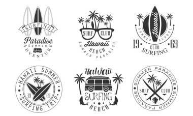 Yaz Sörfü Kulübü Retro Logo Şablonları Set, Hawaii Sörf Sahil Cenneti Tek Krom Rozet Resimleri