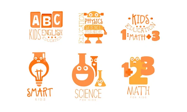 Set di modelli di logo per l'educazione scientifica per bambini, Fisica, Matematica, Illustrazione vettoriale delle etichette inglesi — Vettoriale Stock