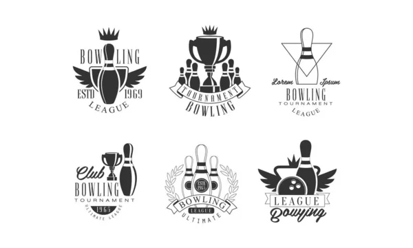 Bowling Tournament League Retro Labels Set, Bowling Club Monochrome Badges Vector Ilustração — Vetor de Stock