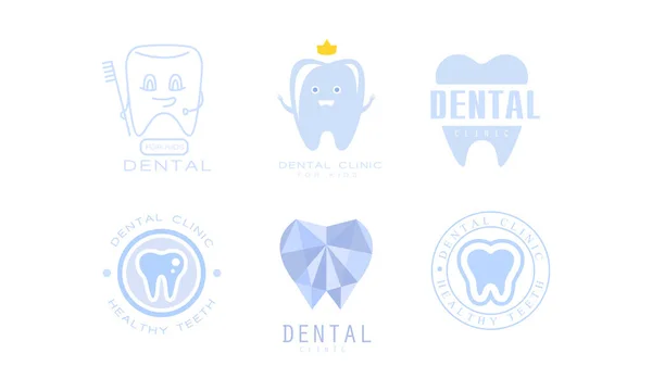 Tandheelkundige kliniek Logo Templates Set, Kinderen Tandverzorging, Gezonde Tanden Badges Vector Illustratie — Stockvector