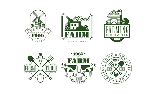 Farm Food Retro Logo šablony Set, Organic Food Market odznaky vektorové ilustrace — Stockový vektor