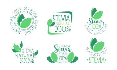 Organik Stevia Logo Şablonları Ayarlandı, Doğal Tatlandırıcı Yeşil Rozet Vektör İllüstrasyonu