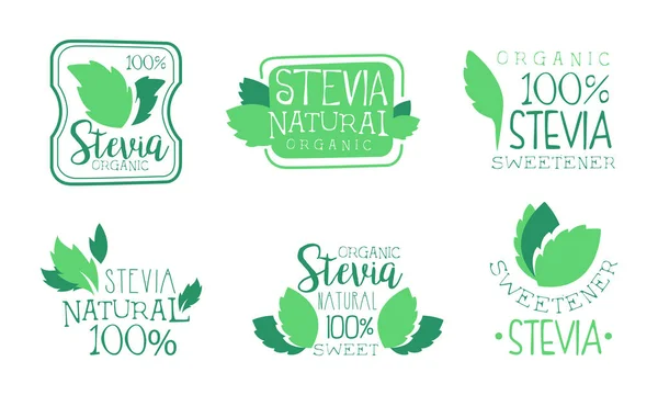 Organic Stevia Logo Templates Set, Natural Sweetener Badges Vector Illustration Vector Illustration — Stock Vector