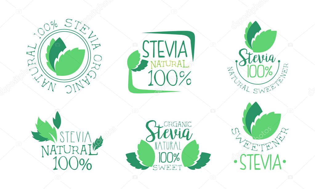 Organic Stevia Logo Templates Set, Natural Sweetener Green Badges Vector Illustration Vector Illustration