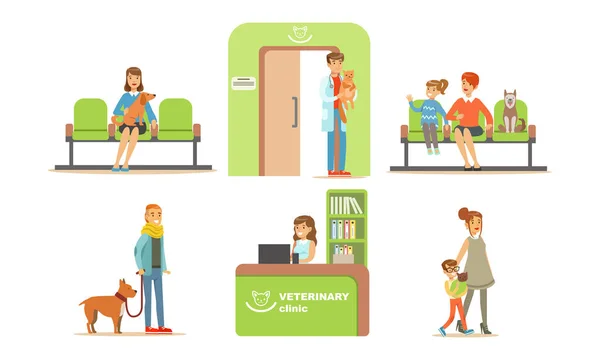 Veterinär Klinik Set, Människor Ta med sina hundar och katter för veterinär undersökning, Klinik Inredning element vektor Illustration — Stock vektor