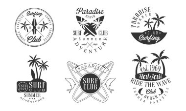 Sörf Kulübü Retro Logo Şablonları Set, Cennet Plaj Kulübü Yaz Maceraları Tek Krom Rozet Vektör İllüstrasyonu