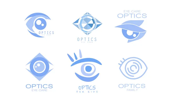 Eye Care Optics Logos Collection, Kids Clinic or Ophthalmology Cabinet Badges Vector Illustration — Stock Vector