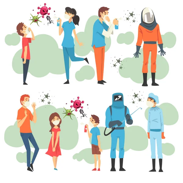 Antivirus-Charaktere in verschiedenen Situationen Cartoon Vektor Illustration — Stockvektor