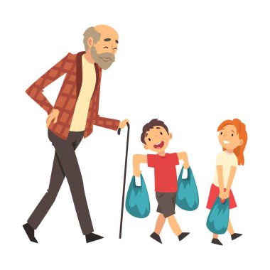 Çocuklar büyükbabaya karikatür vektör çizimi getirmesi için yardım ediyor.