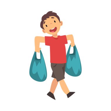 Çocuk bir alışveriş çantası taşıyor. Çizgi film çizimi.