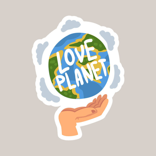 Love planet tagline sticker cartoon vector illustration