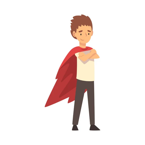 Boy in a superhero cloak cartoon vector illustration — Stockový vektor