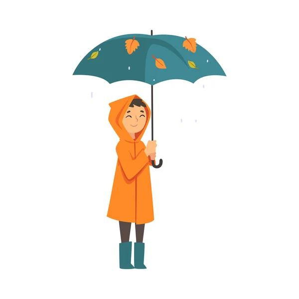 Niño en un impermeable se encuentra bajo un paraguas ilustración vector de dibujos animados — Archivo Imágenes Vectoriales