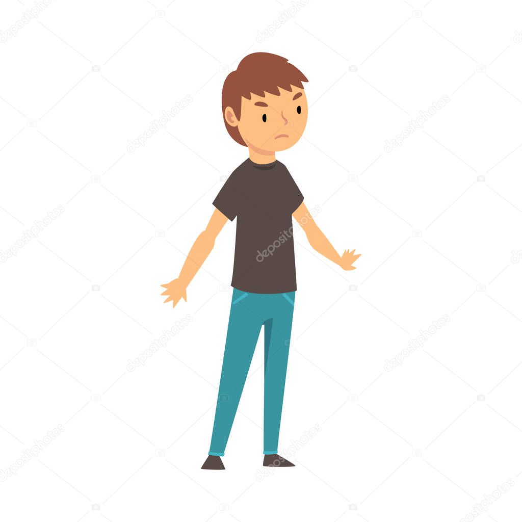 Boy expresses dissatisfaction with something cartoon vector illustration