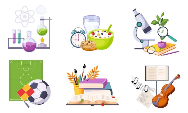 Terug naar School Elementen Set, Onderwijs, School Les Iconen, Verschillende benodigdheden en stations Vector Illustratie — Stockvector