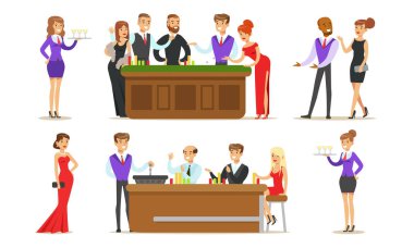 Cheerful Men and Women Playing Roulette and Cards Vector Illustration