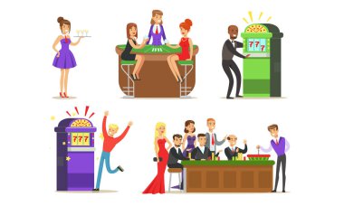 Neşeli Erkek ve Kadınlar Rulet, Kart ve Kumar Makinesi Vektör İllüzyonu Oynuyor