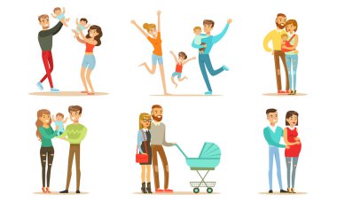 Mutlu Aile Seti, Gülümseyen Anne, Baba ve Bebekler, Bebek Vektörü İllüzyonu Bekleyen Aile Çifti