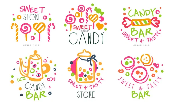 Zestaw szablonów logo Sweet Store, Cukiernia Jasna Ręcznie rysowane Odznaki Ilustracja wektorowa — Wektor stockowy