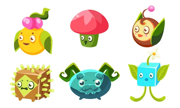 Ensemble de monstres drôles mignons, personnages de plantes fantastiques, interface utilisateur de jeu mobile ou ordinateur Illustration vectorielle des actifs — Image vectorielle