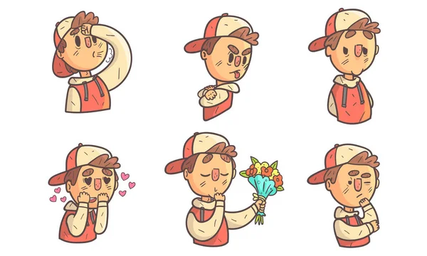 Ragazzo che mostra diversi set di emozioni, personaggio del fumetto maschile con varie espressioni facciali illustrazione vettoriale — Vettoriale Stock