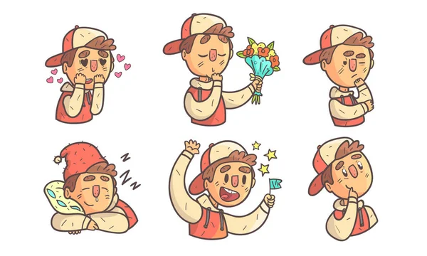 Boy Wearing Cap Showing Different Emotions Set, Personaje de dibujos animados masculinos con varias expresiones faciales Vector Illustration — Archivo Imágenes Vectoriales