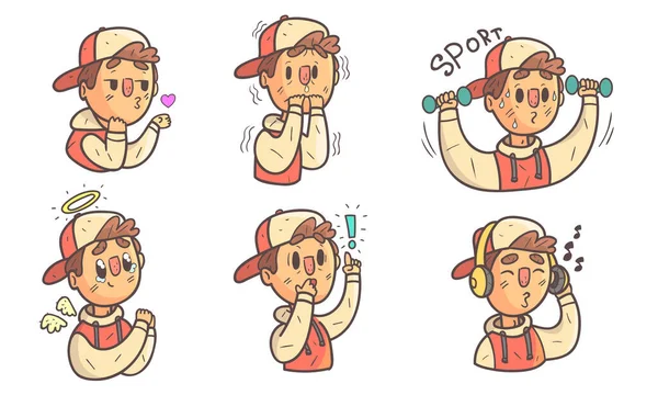 Мальчик в кепке демонстрирует различные эмоции, смешной мужской персонаж мультфильма с различными выражениями лица векторная иллюстрация — стоковый вектор