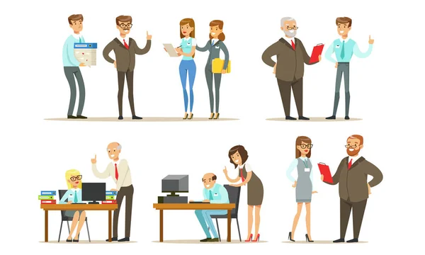 Business People karakterek Dolgozó az Office Set, Férfi és női vezetők vagy alkalmazottak Metting, Együtt dolgozni, és így bemutató vektor illusztráció — Stock Vector