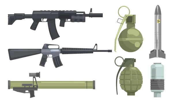 Modern Weapons Set, Gun, Rifle, Submachine, Shotgun, Grenade, Bomb, Ballistic Missile Vector Illustration — Stock Vector