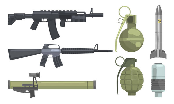 Modern Weapons Set, Gun, Rifle, Submachine, Shotgun, Grenade, Bomb, Ballistic Missile Vector Illustration