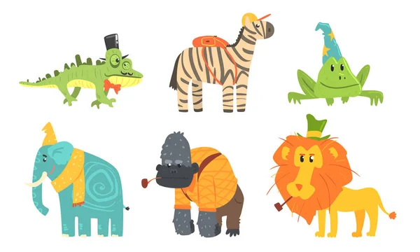 Animales africanos divertidos Personajes de dibujos animados Set, Gorila, Camaleón, Rana, Elefante, León, Cebra Vector Ilustración — Archivo Imágenes Vectoriales