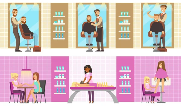 Salon de beauté ou de coiffure intérieur avec les travailleurs et les clients ensemble, les hommes et les femmes ayant des procédures de traitement efférents Illustration vectorielle — Image vectorielle