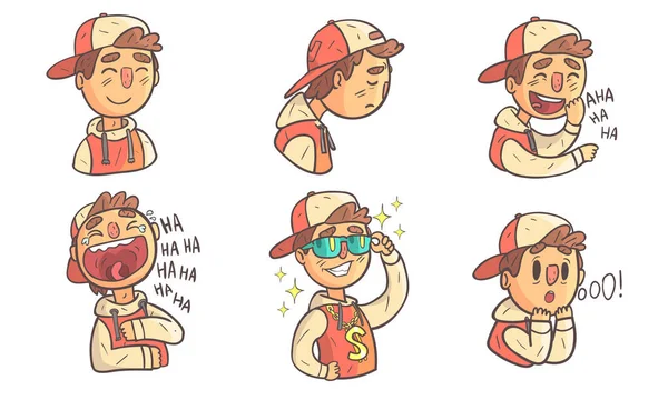 Junge mit unterschiedlichen Emotionen, männliche Cartoonfigur trägt Kapuzenpullover und Mütze mit verschiedenen Gesichtsausdrücken — Stockvektor