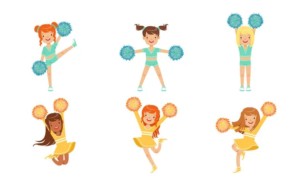 Cute Cheerleader Girls Dancing Set, Smiling Girls Dancers with Pompoms During Sports Competition Vector Illustration — Stock Vector