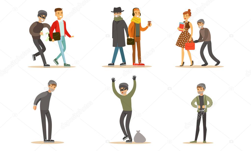 Criminals and Robbers Characters Set, Pickpockets in Dark Clothes Stealing Wallets From Handbag and Pockets of People Vector Illustration