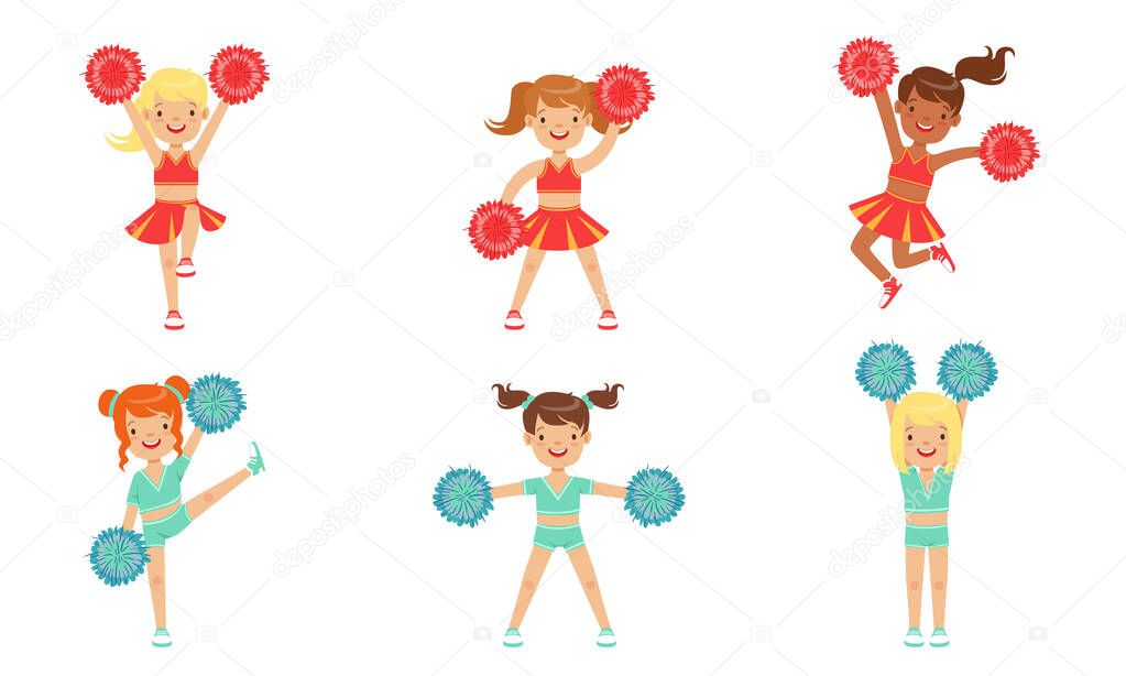 Cute Little Cheerleader Girls Dancing Set, Girls Dancers with Pompoms During Sports Competition Vector Illustration