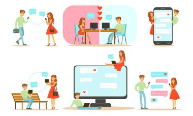 Çevrimiçi Randevu Seti, Genç Adam ve Kadın İnternet 'te Gadget Vektör Resimleriyle Sohbet Etme