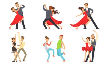 Dans Eden Çiftler Seti, Profesyonel Dansçılar Klasik ve Modern Danslar Vektör İllüzyonu Gösteriyor