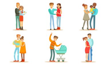 Yeni Doğmuş Bebeklerle Mutlu Geleneksel Aileler Seti, Gülümseyen Anne, Baba ve Çocuklar, Bebek Vektörü İllüzyonu Bekleyen Aile Çifti