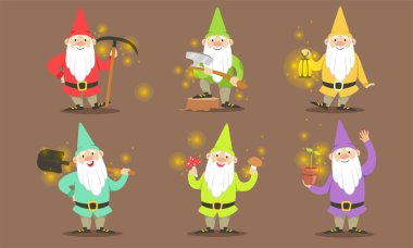 Happy Gnomes Set, Bearded Gnomes Characters in Colorful Outfits with Tools for Getting Gold, Crystals and Precious Stones Vector Illustration clipart