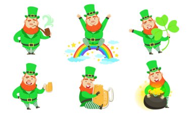 Smiling Leprechauns Set, St Patricks Day Cartoon Character in Different Situations Vector Illustration clipart