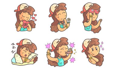 Teenage Girl in Baseball Cap Showing Various Emotions Set Vector Illustration