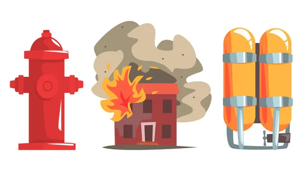 Burning House and Firefighter Equipment Set, Red Fire Hydrant and Gas Cylinders Vector Illustration — Stock Vector
