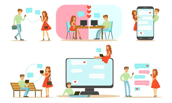 Online Dating Set, Fiatal férfi és nő csevegés Online a kütyü Vector Illusztráció — Stock Vector