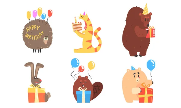 Collection of Cute Animals for Happy Birthday Design, bear, Cat, Sheep, Rabbit, Beaver with Gift Boxees Vector Illustration
