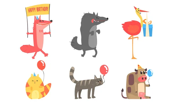 Colección de Animales Lindos para Feliz Cumpleaños Diseñar, zorro, Lobo, Gato, Flamenco, Vector de Vaca Ilustración — Archivo Imágenes Vectoriales