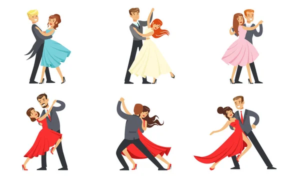 Dancing Couples Set, Profesionální tanečníci Tango, Waltz a další taneční vektorové ilustrace — Stockový vektor