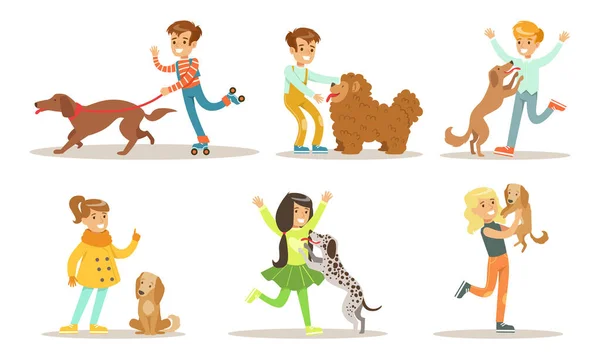 かわいい男の子と女の子が犬と遊ぶセットベクトルイラスト — ストックベクタ