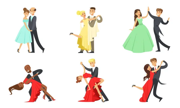 Táncoló párok szett, férfi és női táncosok Előadó klasszikus táncok Vektor illusztráció — Stock Vector