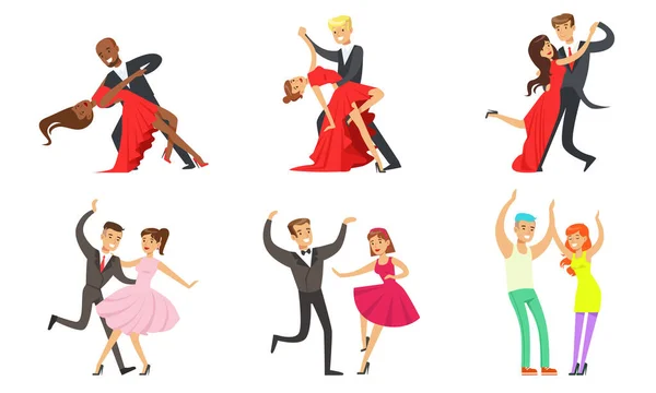 Set de Parejas Bailarinas, Bailarines Profesionales Realizando Danzas Clásicas Vector Illustration — Archivo Imágenes Vectoriales